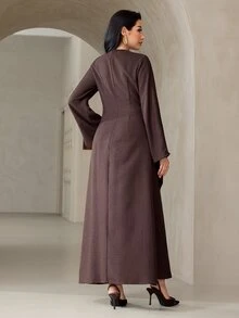 Veilorie Women's Solid Color Round Neck Long Sleeve Side Knot Long Dress - Coffee - View 2