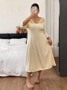 Napfluff CURVE Napfluff CURVE Plus Size V-Neck Nightgown With Heavy Floral Collar Decor, Lettuce Edge And Small Front Opening - Apricot - View 6