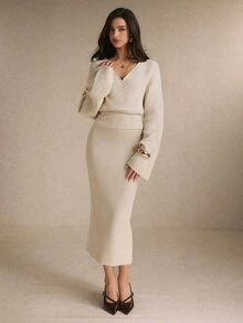 Poéselle Women's Ivory Ribbed Knit Two Pieces Set – Wrap V-Neck Bell-Sleeve Sweater And High-Waist Maxi Skirt Matching Outfit Women Fall Winter Sweater Set Chic - Apricot - View 1