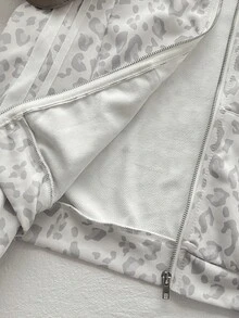 SHEIN 青少年女孩休閒淺灰色豹紋印花連帽衛衣運動褲2件套 - 淺灰色 - 查看 9