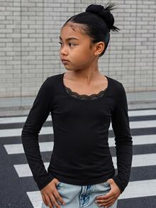 SHEIN 青少年女孩純黑色蕾絲圓領長袖短版修身T恤，休閒日常穿著 - 黑色 - 查看 10