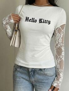 CovetEZ HELLO KITTY AND FRIENDS | SHEIN 95%棉夏季休閒針織蕾絲拼接二合一長袖女款上衣，聯名印花圖案，適合外出、街頭穿搭、機場、時尚、返校、Y2K、派對、海灘度假、假期 - 白色 - 查看 8
