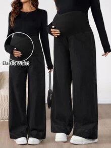 SHEIN Maternity Asymmetric Waist Wide Leg Loose Casual Denim Jeans Fall Clothes - Black - View 8