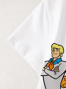 SCOOBY-DOO X SHEIN 小男孩字母卡通印花圓領短袖休閒T恤 - 白色 - 查看 4