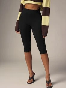 Denimoi Soft Knit Super Stretch Capri Leggings Bodycon Capri Pants Sexy Capris Everyday Wear - Black - View 4