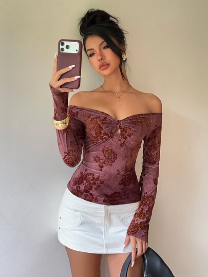 SHEIN Damen Romantisch Elegantes Party Pendeln Off-Shoulder Farbverlauf Blumen Flockdruck Burgunder Strick Top