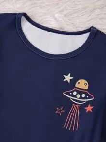 Tween Boys' Blue Base Minimalist Fashion Cartoon Pattern Print Long Sleeve Long Pants Snug Fit Loungewear - Navy Blue - View 5