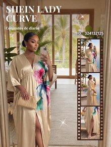 SHEIN Lady CURVE 大尺碼優雅花卉印花洋裝 - 卡其色 - 查看 5