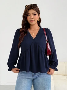 Shapeblank Plus Size Women Solid Color Contrast Lace V-Neck Long Sleeve Fashion Blouse - Blue - View 4