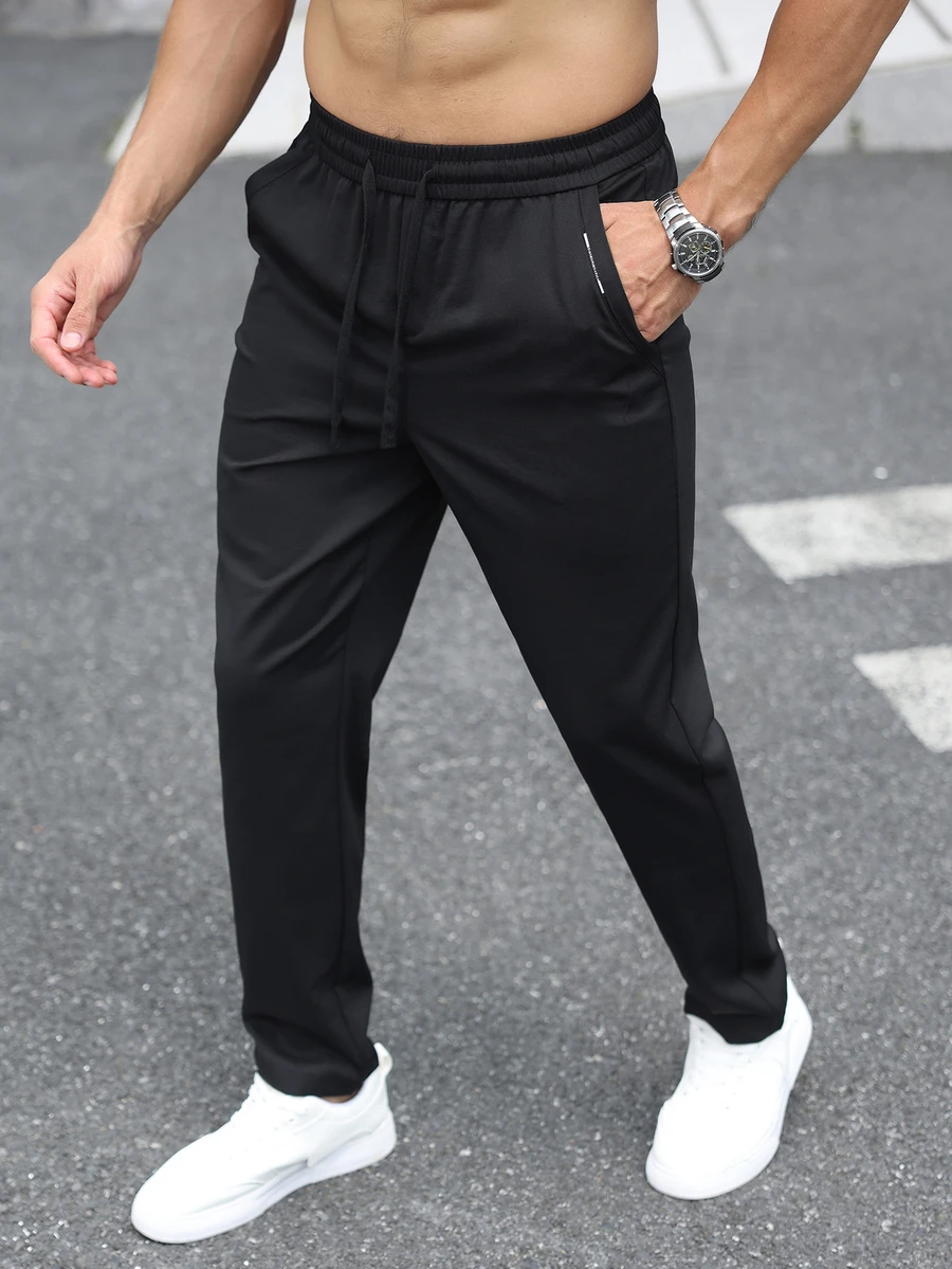 Manfinity Homme 男士休閒百搭純色抽繩腰長褲 - 黑色 - 查看 1