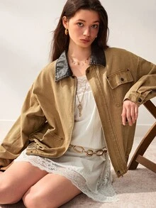 Willow Rêve Women's Khaki Loose Jacket, Washed Process With Workwear Stitching, Contrast Faux Leather Collar, Zipper And Patch Pocket Design, Solid Color Autumn Casual Style, Suitable For Travel And Commute - Yellow - View 5