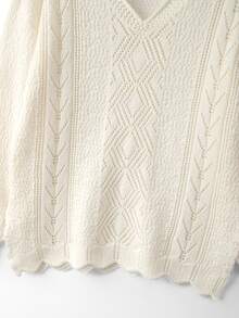 Wandoria Women's Autumn New Single Piece V-Neck Loose Regular Fit Solid Color Perforated Design Versatile Fashion Commute Daily Elegant Knit Pullover Long Sleeve Sweater - Beige - View 6