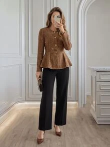 Medorina Elegant Luxury Chic, Sequin Button Up, Winter Jacket, Tweed Fabric, Gold Brown, Peplum Fit, Work Office Party, New Year, Fall Winter - Brown - View 4
