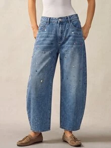Bohemela Plus Size Women's Pocket Rhinestone Curved Leg Casual Denim Jeans Fall Clothes For Women - Medium Wash - View 5