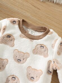 SHEIN 中性嬰兒男/女童 幼兒 2件組 秋冬保暖內裡加厚可愛熊圖案絨毛家居服套裝 睡衣套裝 嬰兒冬季睡衣聖誕款 - 卡其色 - 查看 4