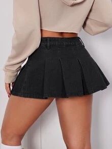 SHEIN PETITE 女款夏季休閒百褶牛仔裙 - 黑色 - 查看 3