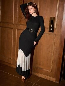 MOTF PREMIUM AUTUMN/WINTER GENTLE INTELLECTUAL COMMUTE BANQUET HIGH-END RIBBED KNIT WAVE PATCHWORK MERMAID HEM WAIST-CINCHING SLIMMING LONG SLEEVE MID-LENGTH DRESS - Black - View 5