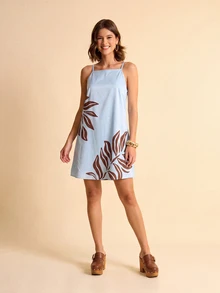CAJUNI Gaun Kasual Liburan Motif Bunga dengan Tali Bahu Tipis - Biru - View 3