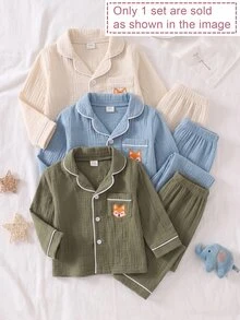 2pcs Baby Boy Comfortable Soft Cotton Crinkle Fabric Forest Green Collared Button-Up Pocket Embroidered Cute Fox Pattern Collar Placket Cuff Trim Design Long Sleeve Pants Cotton Woven Set - Multicolor - View 3