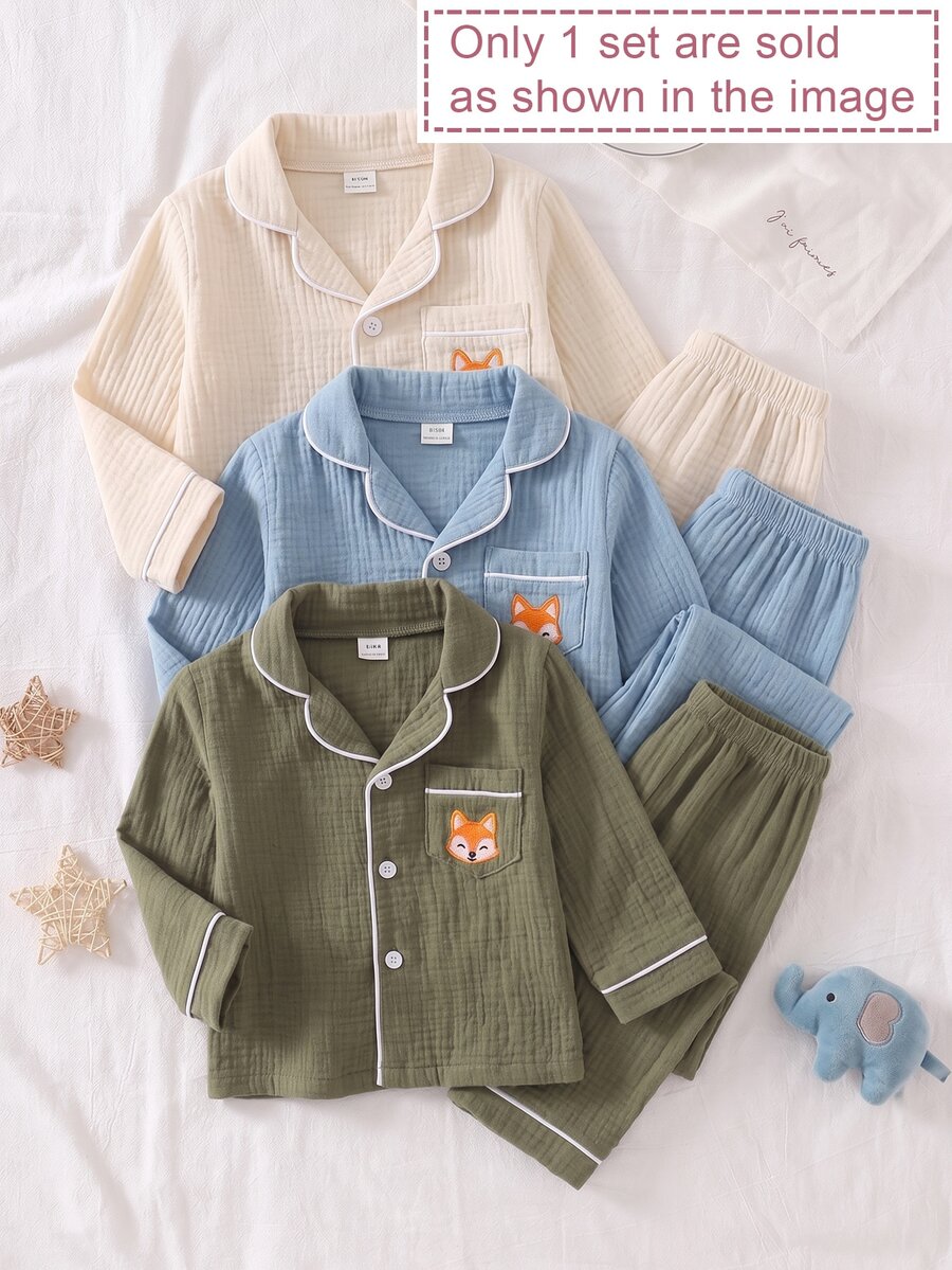 2pcs Baby Boy Comfortable Soft Cotton Crinkle Fabric Forest Green Collared Button-Up Pocket Embroidered Cute Fox Pattern Collar Placket Cuff Trim Design Long Sleeve Pants Cotton Woven Set - Multicolor - View 1