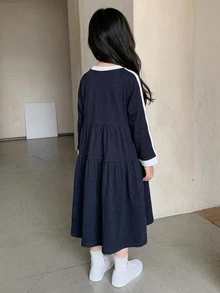 Dazy Kids 女童對比色圓領插肩袖長袖荷葉邊下擺休閒洋裝 秋季 - 寶藍色 - 查看 2