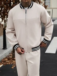 Manfinity CasualCool 男士秋季休閒夾克與長褲套裝 - 杏色 - 查看 4