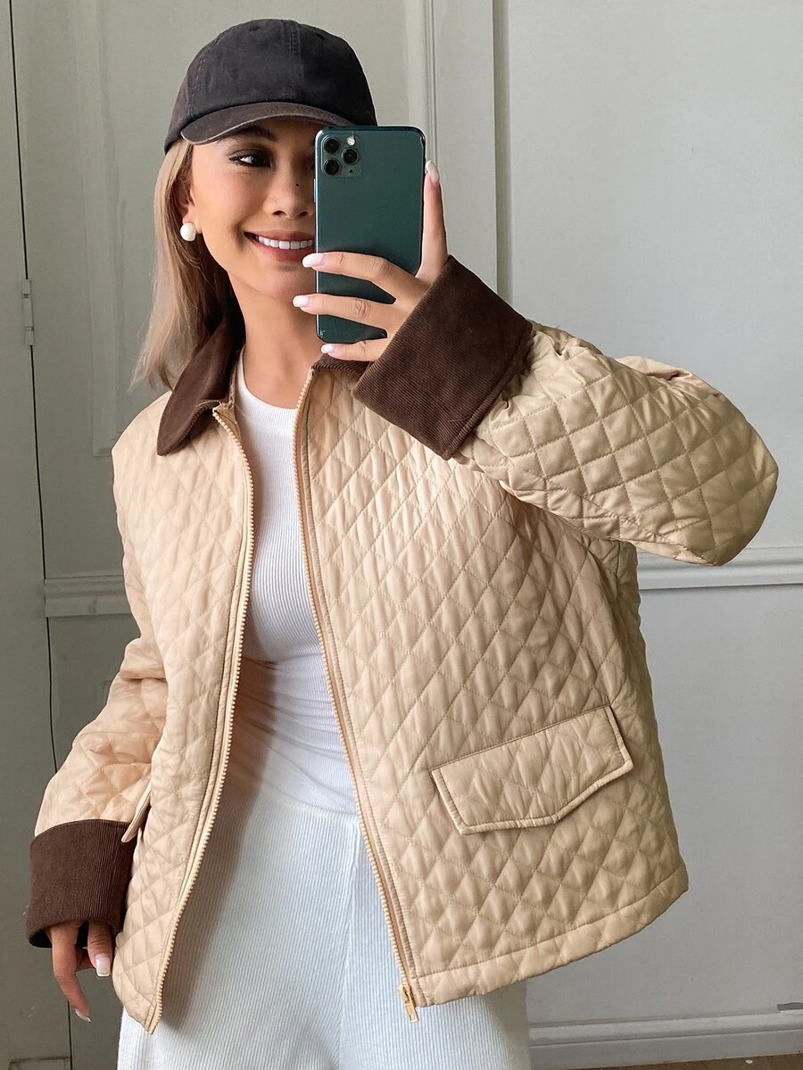 DAZY Damen Farbblock Revers Langarm Reißverschluss Vorne Winterjacke - Braun - Übersicht 1