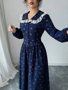 Modelyn 女款海軍藍小碎花印花蕾絲娃娃領前開鈕扣主教袖收腰A字喇叭裙擺中長洋裝，復古田園風，適合秋季感恩節 - 藏蓝色 - 查看 7