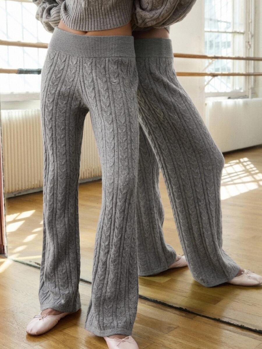 Livesso Women's Cable Knit Elastic Waist Casual Flare Leg Pants - Grey - View 1