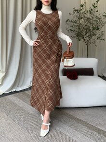 DAZY Slim Fit Flattering Plaid Wool Blend Mid-Length Dress For Women - Coffee Brown - View 8