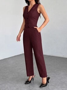 SHEIN PETITE 休閒無袖開襟背心與寬鬆長褲套裝，秋冬款 - 酒紅色 - 查看 6