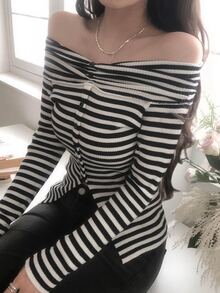 DAZY Women's Striped Long Sleeve Korean Style Elegant T-Shirt Vacation - White - View 1
