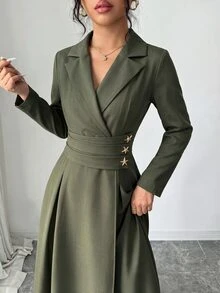 SHEIN Women's Olive Green Blazer Lapel Contrast Collar Ruched Waist With Star Metal Button Decor Cinched Waist Large A-Line Back Seam Long Sleeve Long Dress - Army Green - View 6