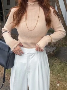 FRIFUL Women's Casual Solid Color Stand Collar Sweater, Autumn/Winter - Apricot - View 4