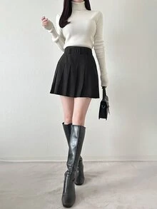 FRIFUL Women's Fashion Versatile Solid Color Pleated Skirt Fall - Black - View 8