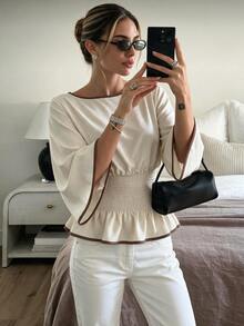 Flora Isola Flora Isola Casual Vacation Shirred Waist Flare Sleeve Apricot Women's Blouse - Apricot - View 5