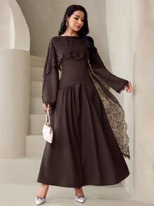 Veilorie Gaun Panjang Elegan Wanita dengan Desain Selendang Renda Kontras - Coffee Brown - View 5