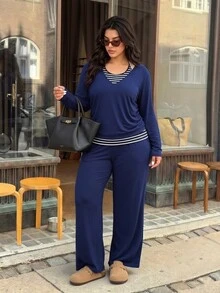 Elaquor Plus Size Striped Patchwork 2 In 1 T-Shirt And Pants 2 Pieces Set Fall - Navy Blue - View 5