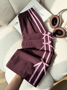 SHEIN Tween Girls Casual Loose Fit Side Tape Stripe Wide Leg Cropped Pants, Fall - Brown - View 1
