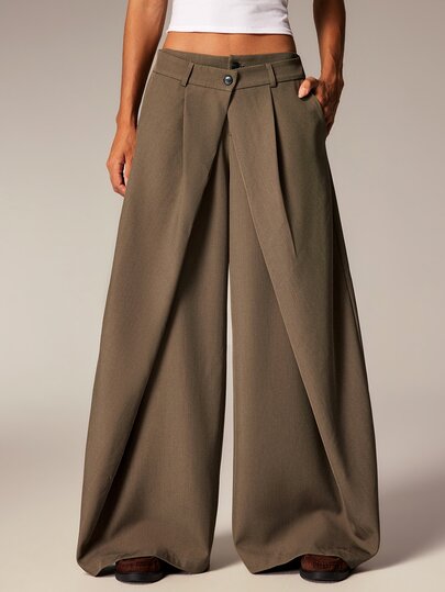 Athîral Women's Solid Color Double Layer Waistband Pleated Wide Leg Casual Long Pants