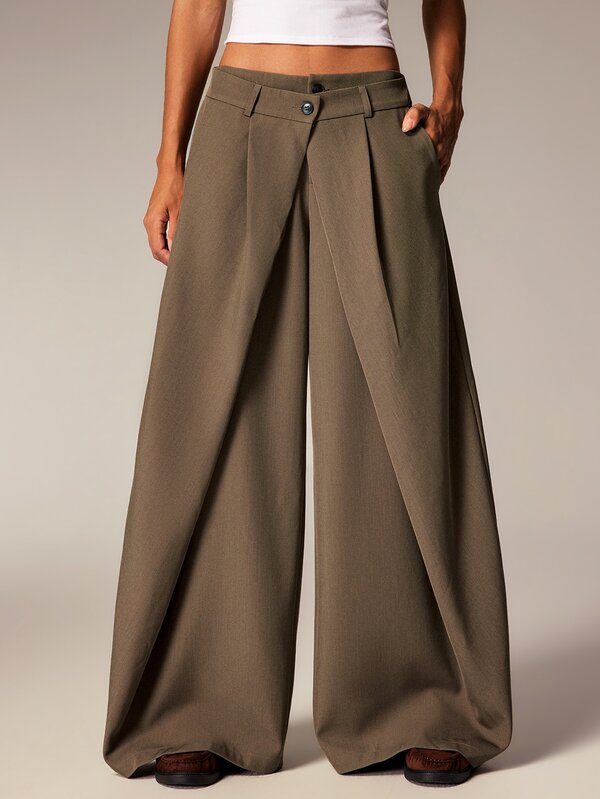 Athîral Women's Solid Color Double Layer Waistband Pleated Wide Leg Casual Long Pants