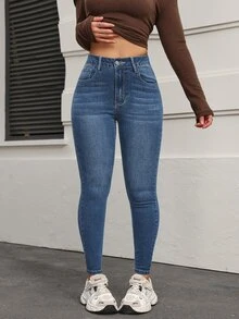 SHEIN PETITE 女款高腰口袋修身休閒百搭牛仔褲 - 中等水洗藍 - 查看 5