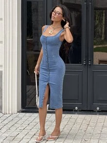 Rivivi Gaun Denim Stretch Slim Fit Ukuran Plus - Medium Wash - View 7