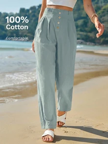 SHEIN Frenchy Casual Versatile Solid Color High Waist Long Pants - Dusty Blue - View 5