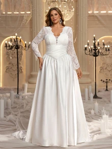 Aureia Plus Size Elegant Romantic V-Neck Lace Sheer Long Sleeve Pleated Fitted A-Line Wedding Dress Suitable For Evening Party Date Wedding Event - White - View 5
