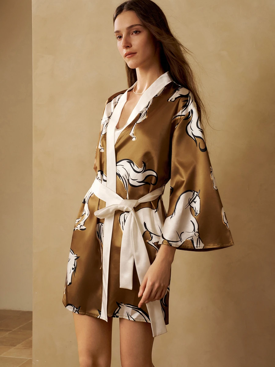 MOTF PREMIUM WOMEN'S SATIN HORSE PRINT CONTRAST COLOR BELT ROBE - Army Green - View 1