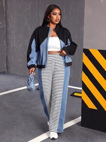 Slaydiva Plus Size Women's Striped Patchwork Casual Everyday Denim Jeans - Blue and White - View 7
