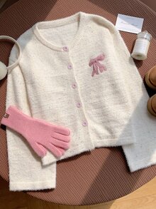 Comfortcana Women's Autumn/Winter Casual Cute Fairy Bow Embroidery Cardigan Brunch Pink - Apricot - View 7