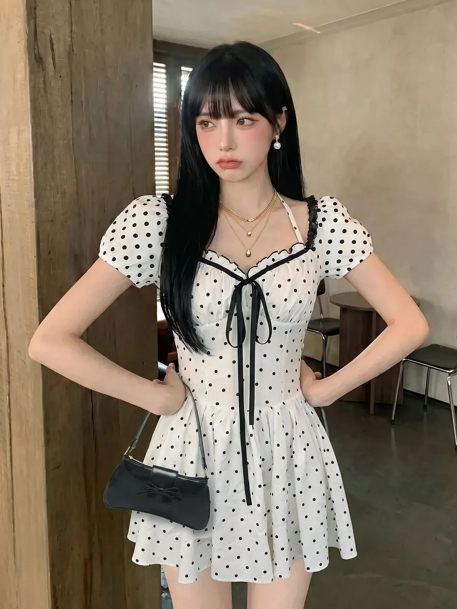 Sweetina Gaun Mini Lengan Pendek Motif Polkadot Manis - Putih - View 1