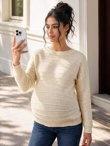Momance Maternity Solid Color Drop Shoulder Long Sleeve Sweater With Bow Back Decor Photoshoot Formal White Fall And Winter Maternity Casual - Apricot - View 4